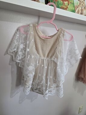 Girls Beige Waffle Knit One-Piece with White Lace Overlay And 2 Headbands